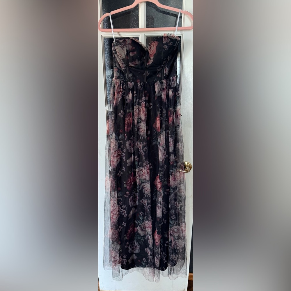 Lulu's Black Strapless Floral Maxi Dress with Pink Roses